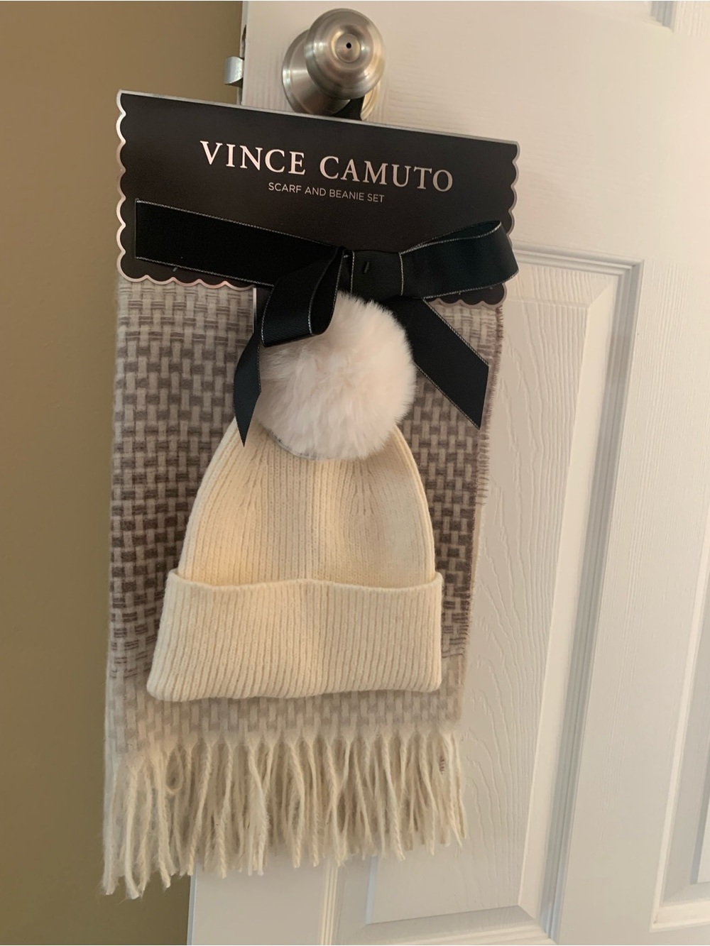 Vince Camuto Ivory Knit Beanie with Faux Fur Pom & Cream Plaid Scarf